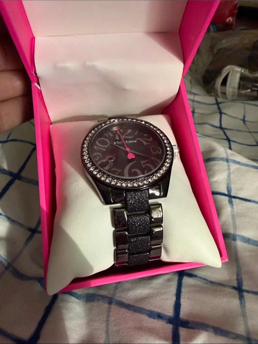 Betsey Johnson Black Watch with Hot Pink Dial and Crystal Bezel